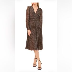 Halogen Long Sleeve Metallic Bronze Plissé Dress